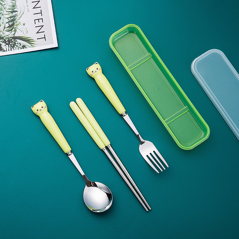 Kitten tableware suit, high-looking oven mitts ceramic handle, student portable chopsticks and spoon set with cutlery box