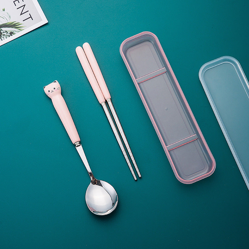 Cute cat dinnerware set - 3 piece ceramic stainless steel fork, kids' chopsticks, spoon - portable student cutlery set