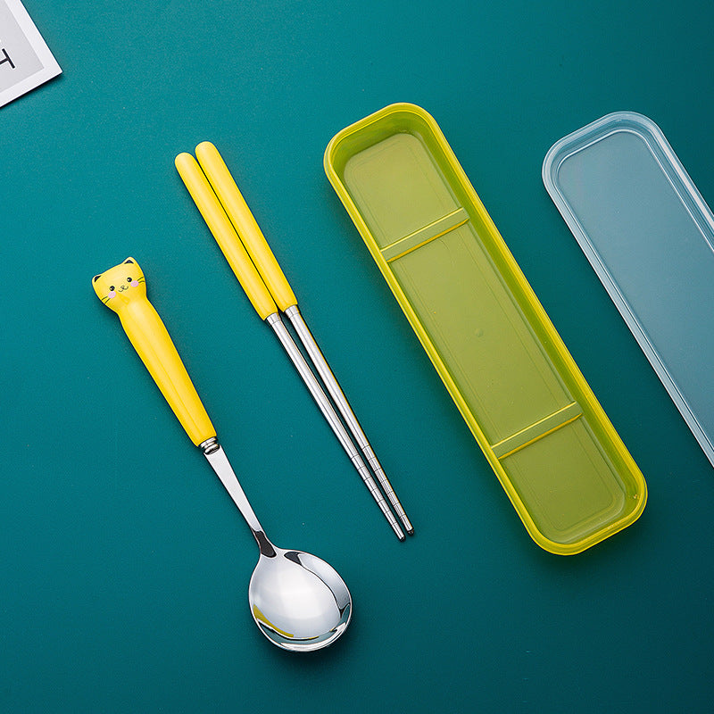 Kitten tableware suit, high-looking oven mitts ceramic handle, student portable chopsticks and spoon set with cutlery box