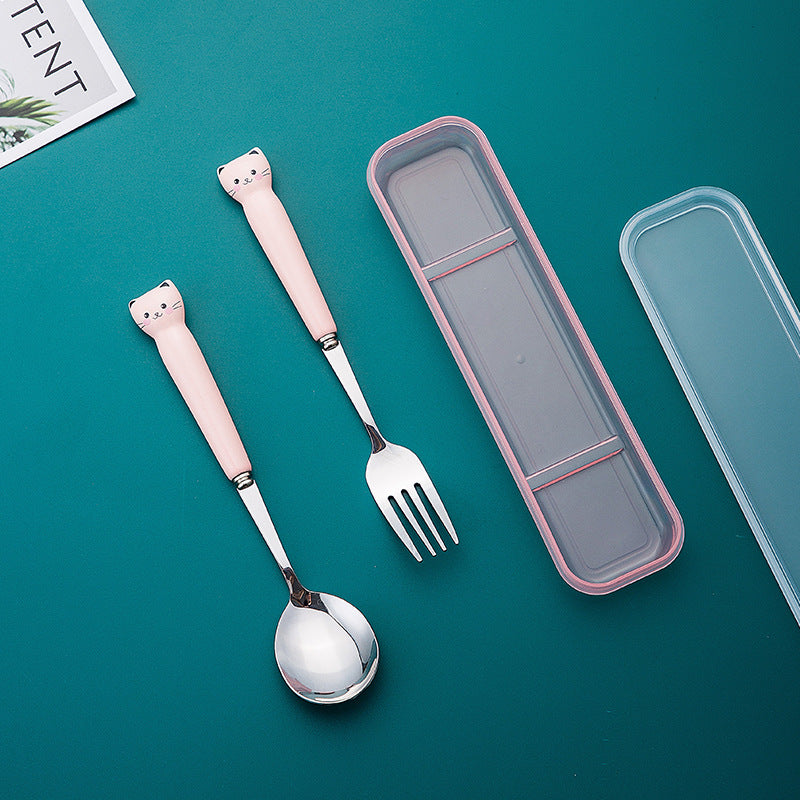 Kitten tableware suit, high-looking oven mitts ceramic handle, student portable chopsticks and spoon set with cutlery box