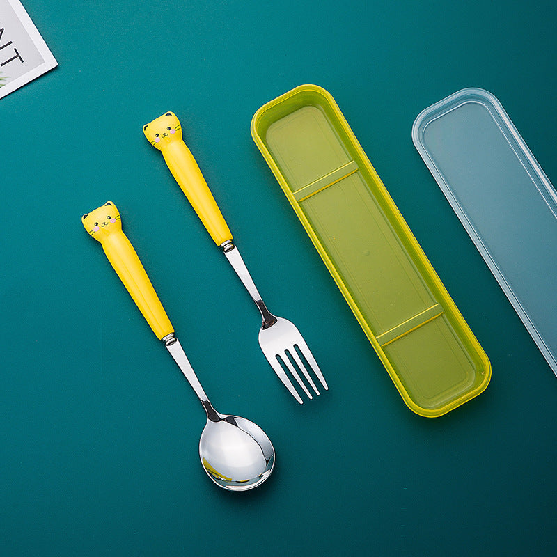Cute cat dinnerware set - 3 piece ceramic stainless steel fork, kids' chopsticks, spoon - portable student cutlery set