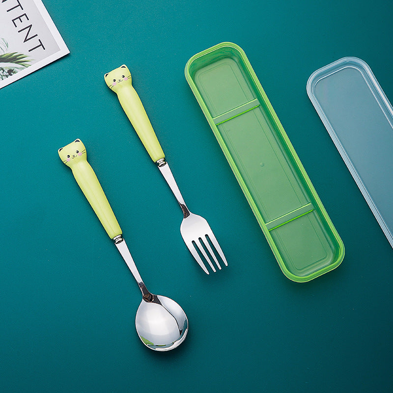 Cute cat dinnerware set - 3 piece ceramic stainless steel fork, kids' chopsticks, spoon - portable student cutlery set