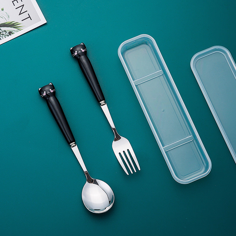 Kitten tableware suit, high-looking oven mitts ceramic handle, student portable chopsticks and spoon set with cutlery box