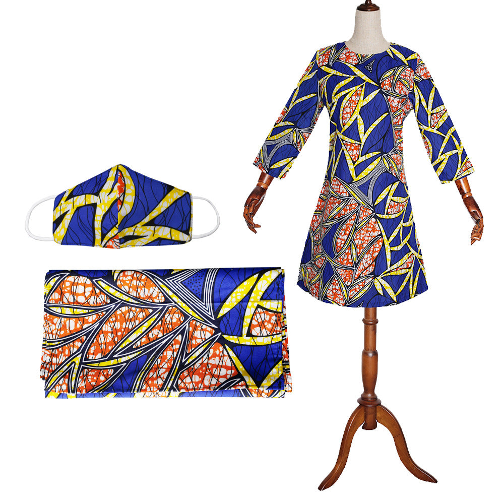 African women's fashion: european and american cross-border e-commerce,   new collection - wax print dress with matching headscarf and face mask