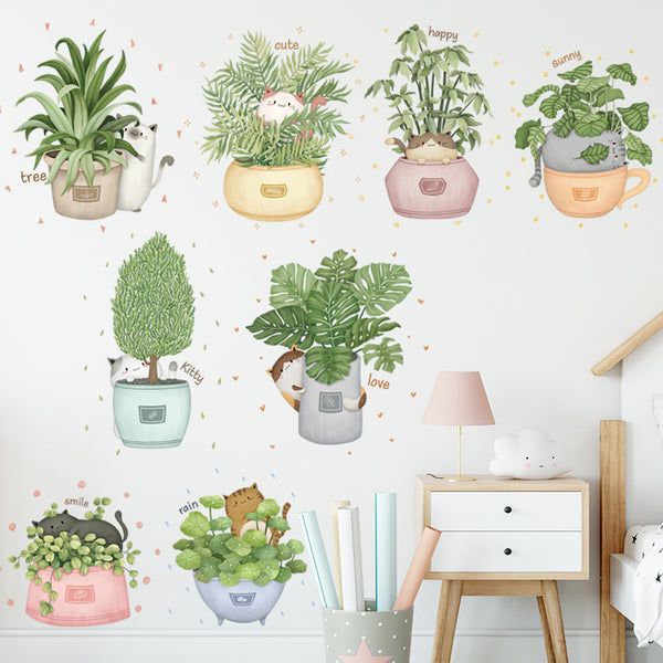 Potted plant wall sticker cute cat decoration sticker sofa bedroom background wall self-adhesive sticker plant fresh sticker