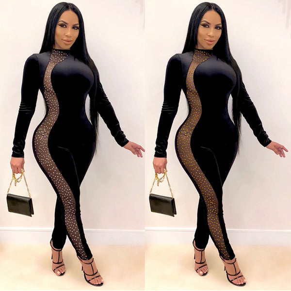 VK2066 hot selling in Europe and America, high round neck velvet splicing hot diamond slim onesie nightclub clothes