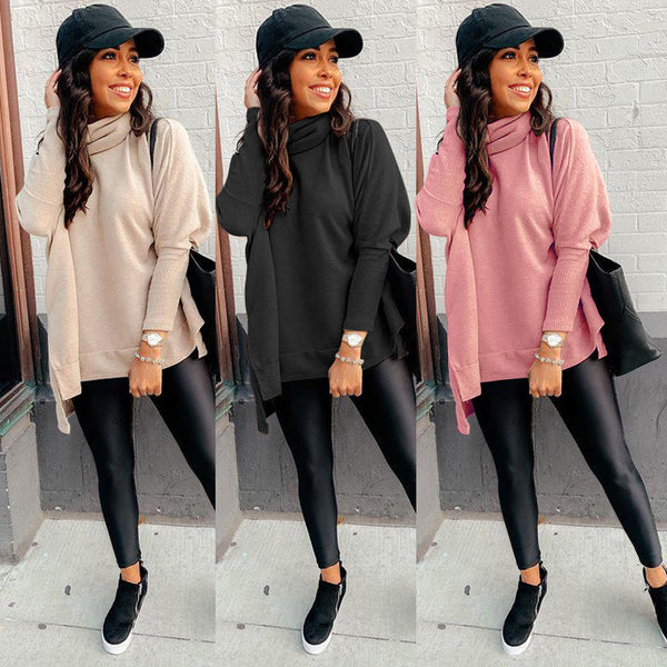 MY062 Fashion turtleneck, loose split ends, solid color sweater top