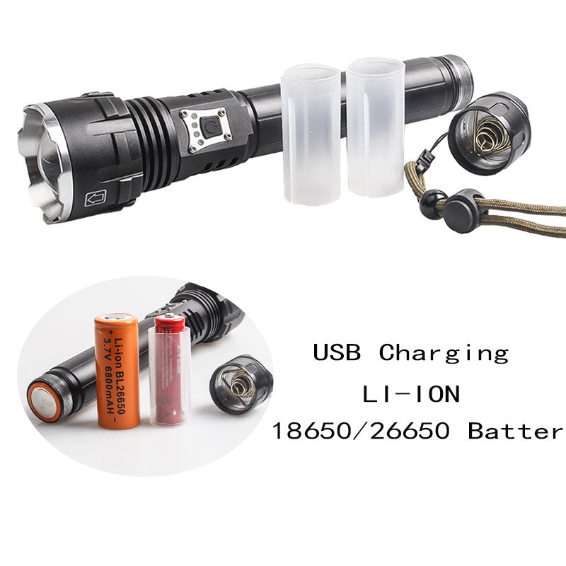 Cross-border P90 strong light USB charging charging mobile phone power display flashlight P70 high power telescopic zoom flashlight