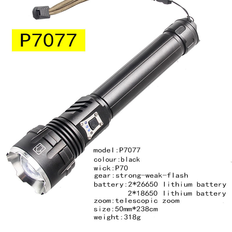 Cross-border P90 strong light USB charging charging mobile phone power display flashlight P70 high power telescopic zoom flashlight
