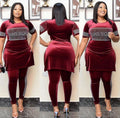 Special offer: factory direct, export-quality, fashionable african women's velvet top and pencil pants slim-fit set with hotfix rhinestones