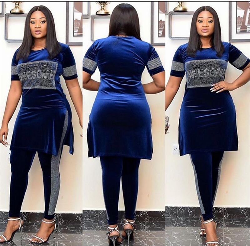 Special offer: factory direct, export-quality, fashionable african women's velvet top and pencil pants slim-fit set with hotfix rhinestones