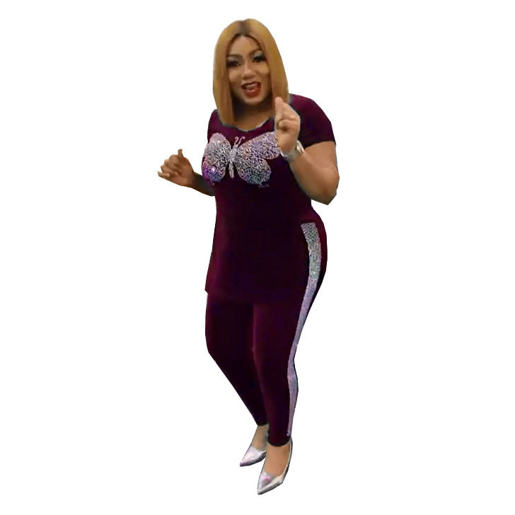 Special offer: factory direct fleece short-sleeve t-shirt with long slit and matching skinny pants fashion set - rhinestone butterfly detail