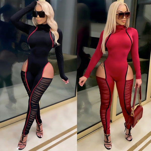VK2068 hot sale in Europe and America, high round neck splicing perspective mesh yarn slim onesie nightclub clothes