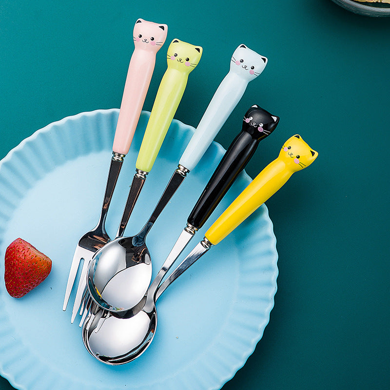 Kitten tableware suit, high-looking oven mitts ceramic handle, student portable chopsticks and spoon set with cutlery box