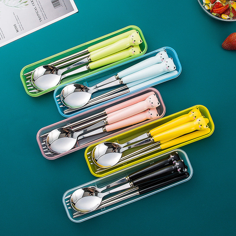 Cute cat dinnerware set - 3 piece ceramic stainless steel fork, kids' chopsticks, spoon - portable student cutlery set
