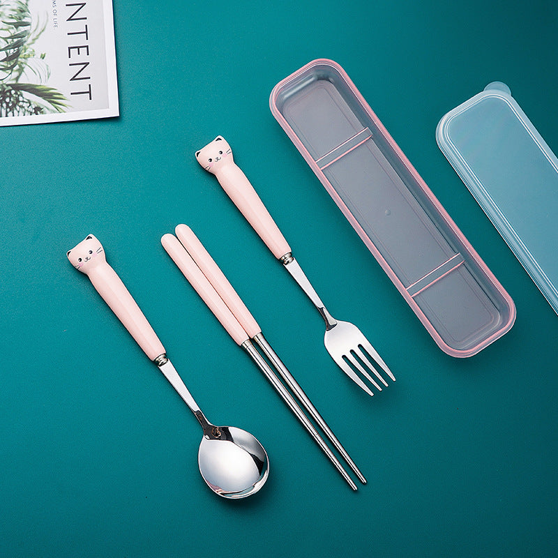 Cute stainless steel portable cutlery set - personalized bear design, includes spoon, fork, and chopsticks. perfect for students, outdoor use, and travel. stylish and high-quality