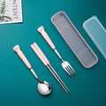 Cute cat dinnerware set - 3 piece ceramic stainless steel fork, kids' chopsticks, spoon - portable student cutlery set