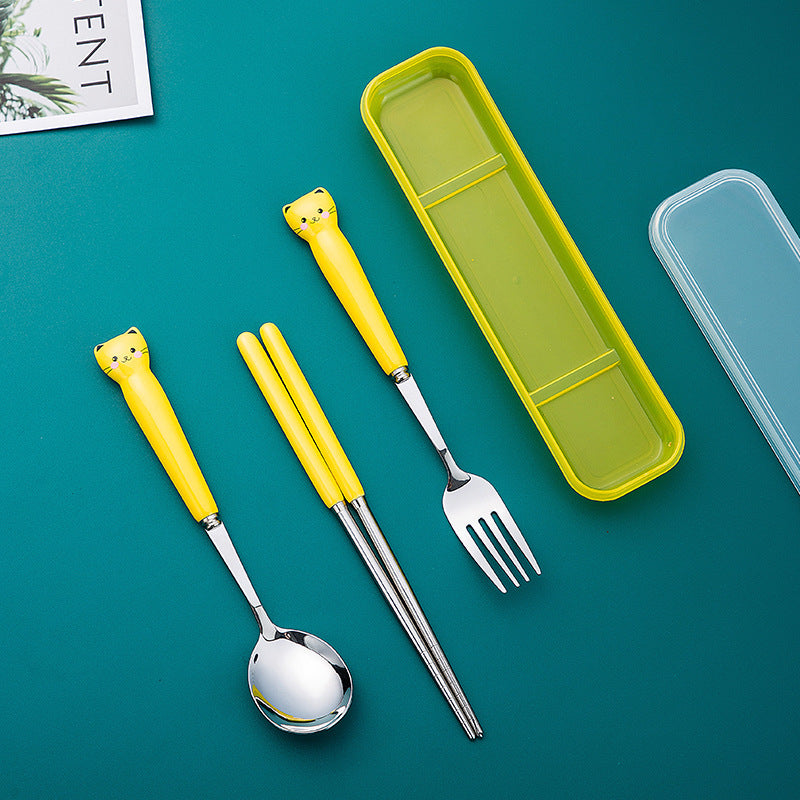 Cute stainless steel portable cutlery set - personalized bear design, includes spoon, fork, and chopsticks. perfect for students, outdoor use, and travel. stylish and high-quality
