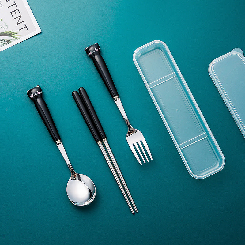 Cute stainless steel portable cutlery set - personalized bear design, includes spoon, fork, and chopsticks. perfect for students, outdoor use, and travel. stylish and high-quality