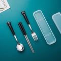 Cute cat dinnerware set - 3 piece ceramic stainless steel fork, kids' chopsticks, spoon - portable student cutlery set