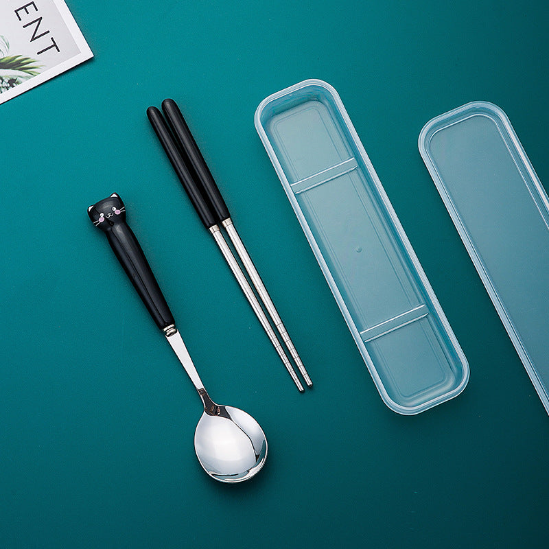 Kitten tableware suit, high-looking oven mitts ceramic handle, student portable chopsticks and spoon set with cutlery box