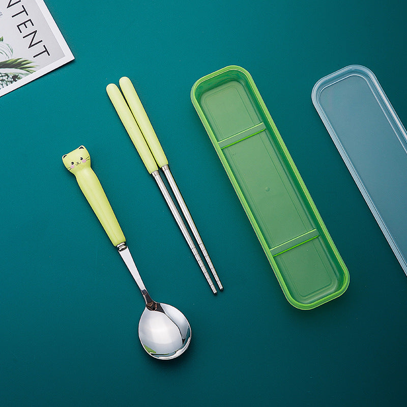Cute cat dinnerware set - 3 piece ceramic stainless steel fork, kids' chopsticks, spoon - portable student cutlery set