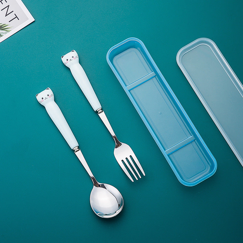 Cute cat dinnerware set - 3 piece ceramic stainless steel fork, kids' chopsticks, spoon - portable student cutlery set