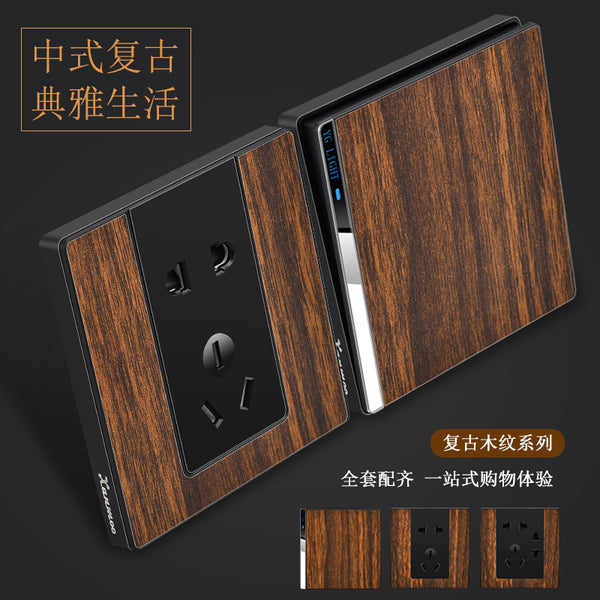 Xuanmeng 86 wood grain switch socket panel household concealed one open five holes plug hotel bed and breakfast retro new Chinese style