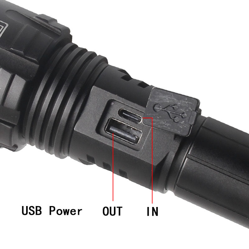 Cross-border P90 strong light USB charging charging mobile phone power display flashlight P70 high power telescopic zoom flashlight