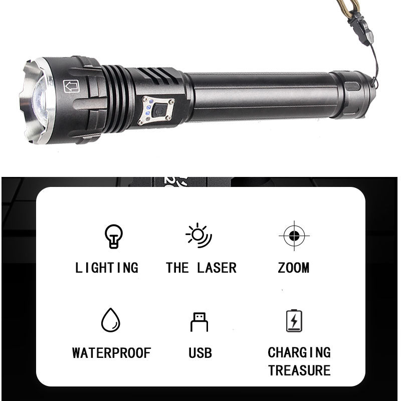 Cross-border P90 strong light USB charging charging mobile phone power display flashlight P70 high power telescopic zoom flashlight