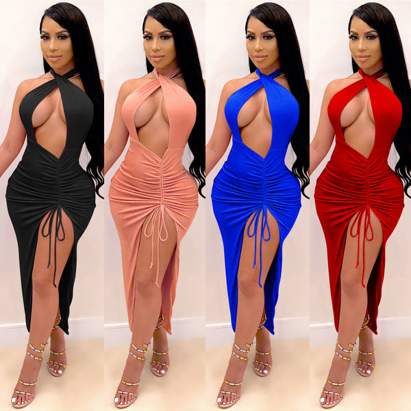 X3755   Fashion Europe and America Sexy Hollow Back Women's Dress Women's Medium and Long Dress Drawstring