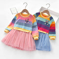 Girls' spring new arrivals: rainbow striped sweatshirt dress with chic mesh princess skirt for toddlers