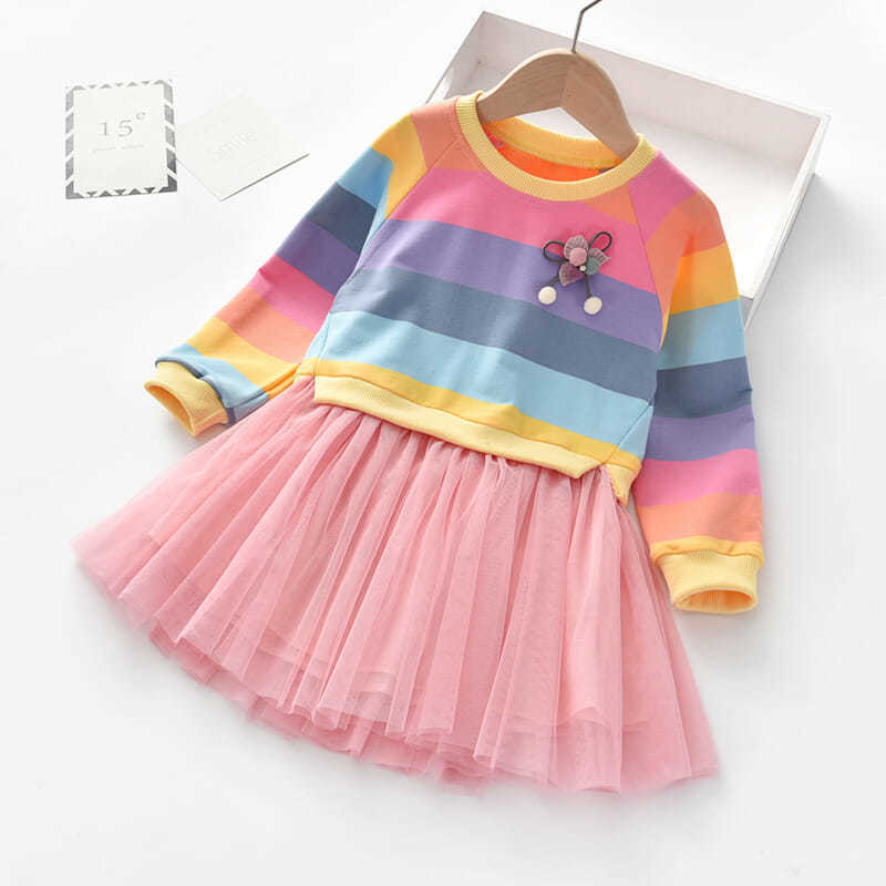 Girls' spring new arrivals: rainbow striped sweatshirt dress with chic mesh princess skirt for toddlers