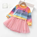 Girls' spring new arrivals: rainbow striped sweatshirt dress with chic mesh princess skirt for toddlers