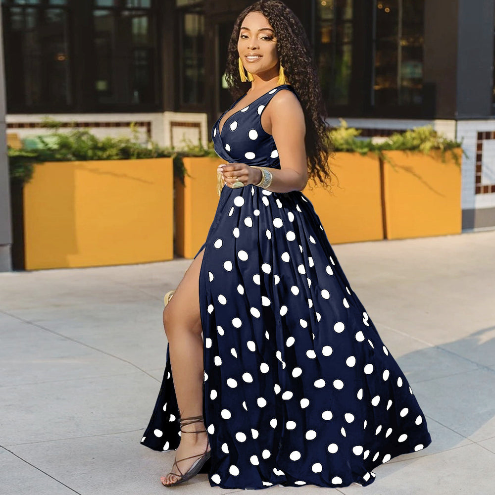 new cross-border women's apparel: -ready sleeveless printed polka dot sexy slit dress with belt