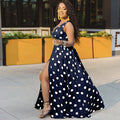 new cross-border women's apparel: -ready sleeveless printed polka dot sexy slit dress with belt