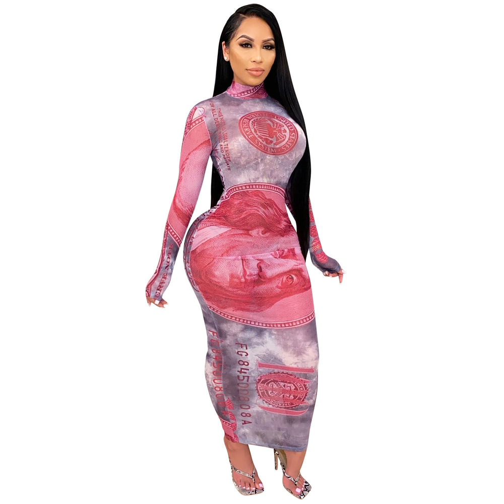 X3766 autumn/winter new arrivals: european & american style,  &  hot-selling, sexy mesh see-through, placement print, dollar sign dress