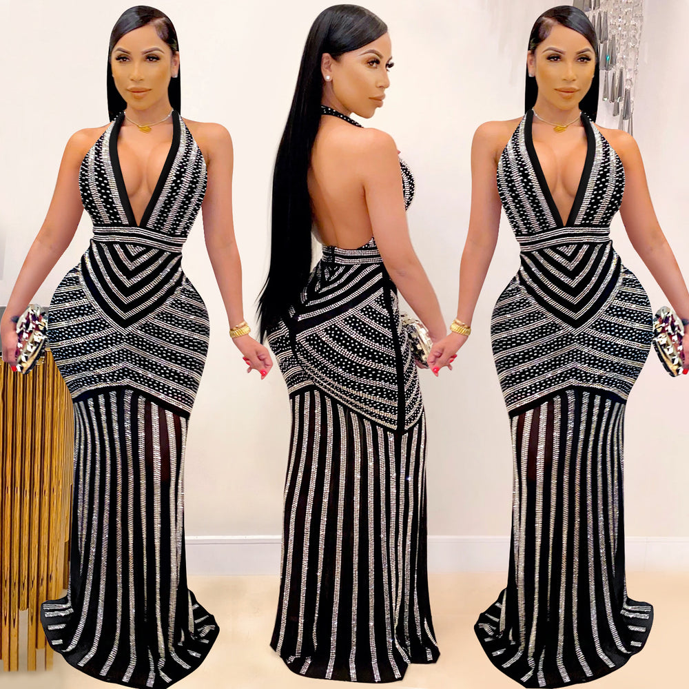X3816 european and american fashion   sexy deep v backless nightclub party dress rhinestone embellished see-through maxi dress