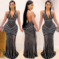 X3816 european and american fashion   sexy deep v backless nightclub party dress rhinestone embellished see-through maxi dress