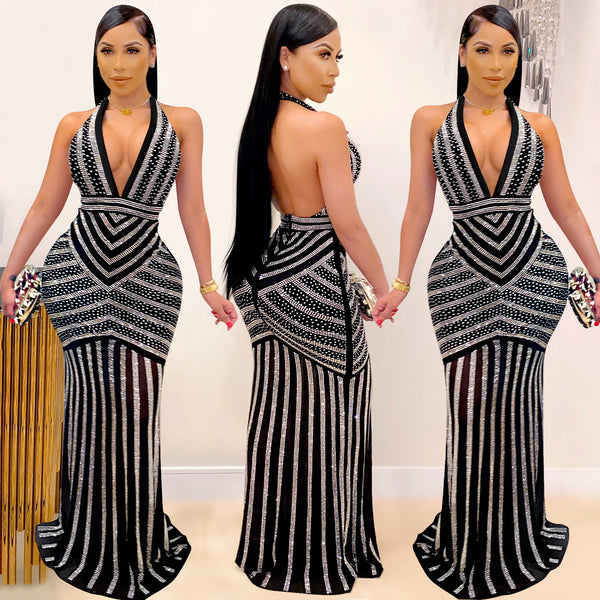 X3816 European and American fashion   sexy deep V backless nightclub party dress hot diamond see-through dress