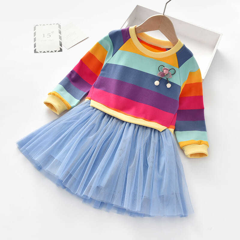 Girls' spring new arrivals: rainbow striped sweatshirt dress with chic mesh princess skirt for toddlers