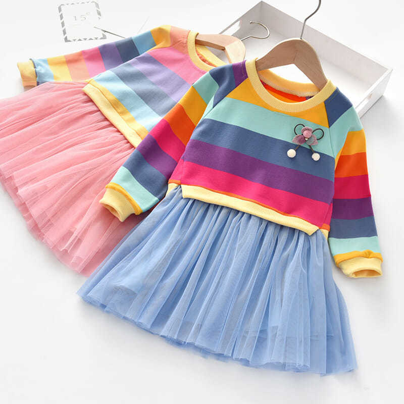 Girls' spring new arrivals: rainbow striped sweatshirt dress with chic mesh princess skirt for toddlers