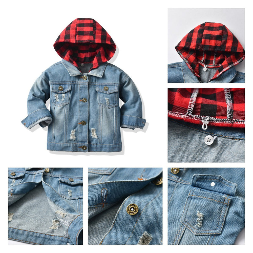 Korean style plaid hooded jacket for boys, denim jacket with distressed details for toddlers and young children, ready stock wholesale & dropshipping