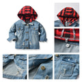 Korean style plaid hooded jacket for boys, denim jacket with distressed details for toddlers and young children, ready stock wholesale & dropshipping