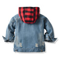 Korean style plaid hooded jacket for boys, denim jacket with distressed details for toddlers and young children, ready stock wholesale & dropshipping