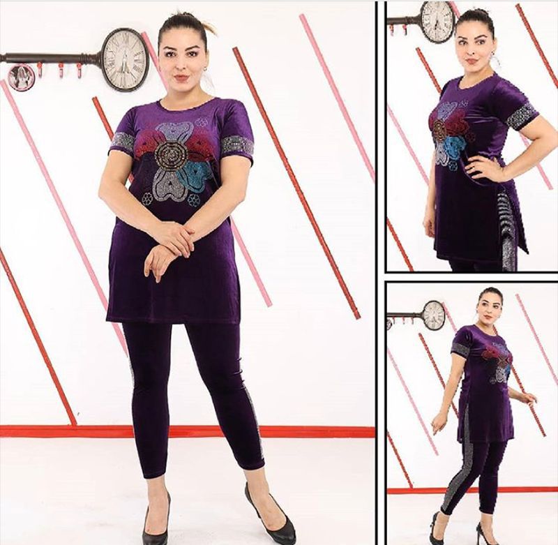 Source heavy industry hot diamond colorful flower mid-length slit t-shirt with slim pencil pants casualfashionsuit special price