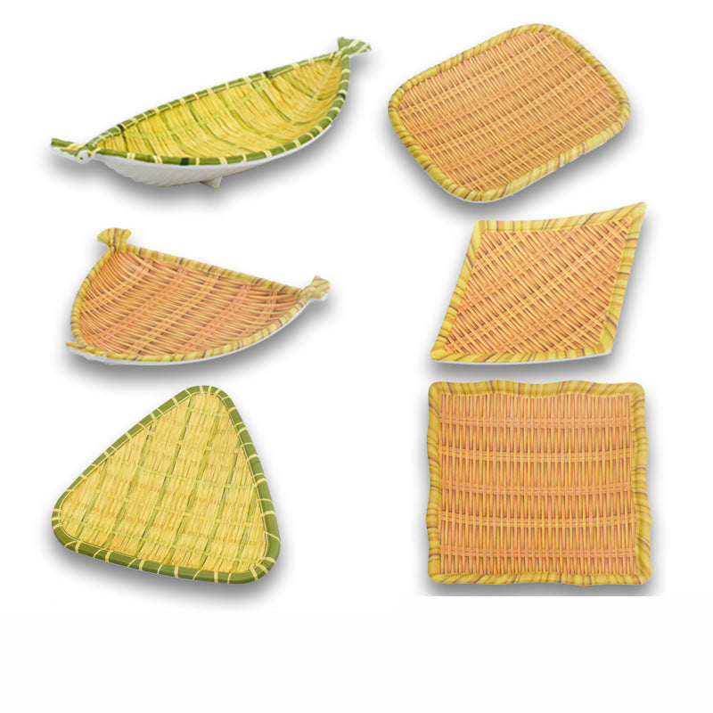 Bamboo woven disc plastic hot pot dish plate restaurant large plate barbecue plate farmhouse tableware green roast chicken plate banquet