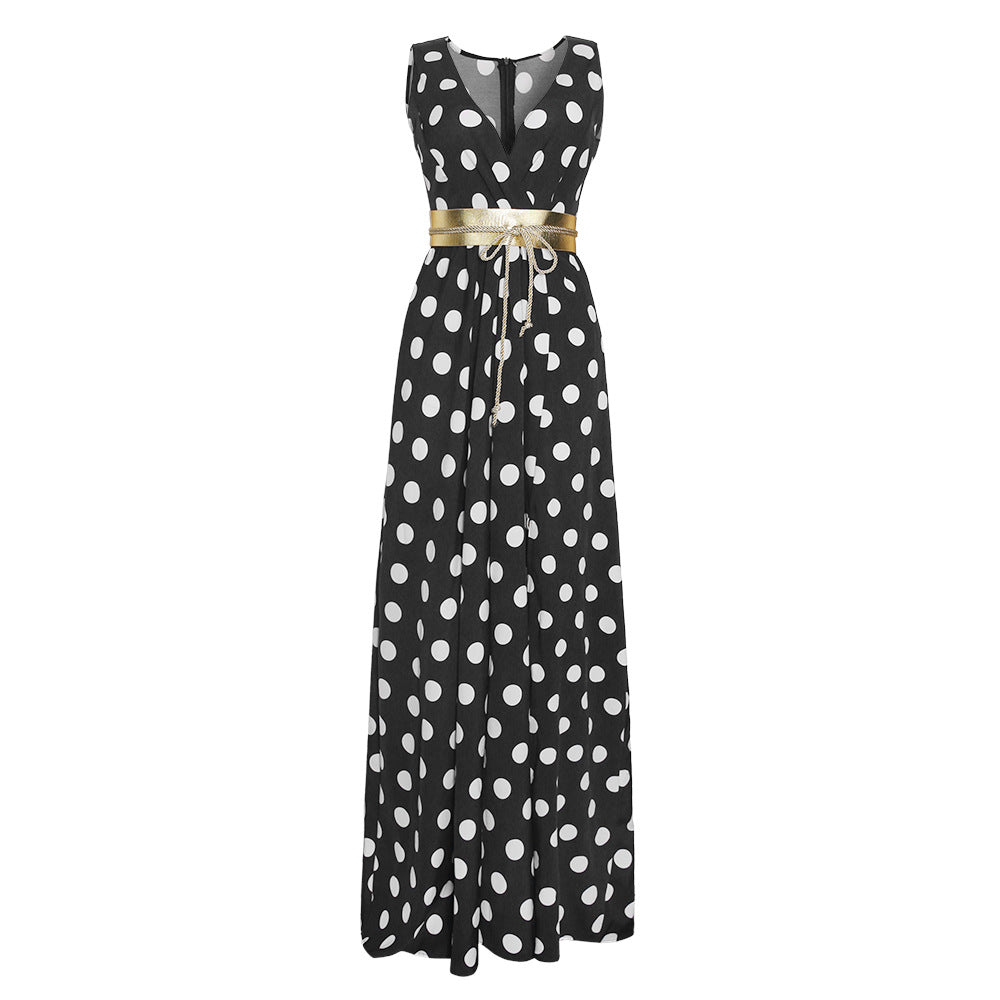 new cross-border women's apparel: -ready sleeveless printed polka dot sexy slit dress with belt