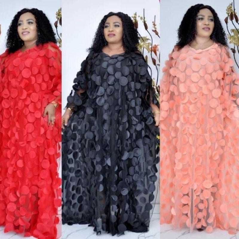 women's african dress,  hot-selling 3d embroidered round neck batwing sleeve loose plus-size maxi dress vest