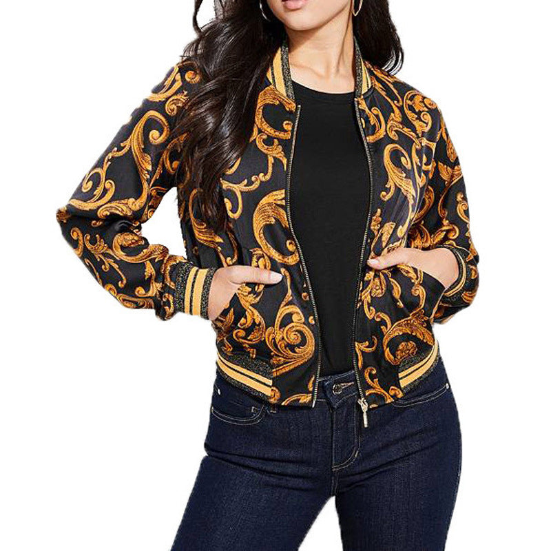 2020 autumn and winter    supply print zipper long-sleeved jacket baseball jacket women